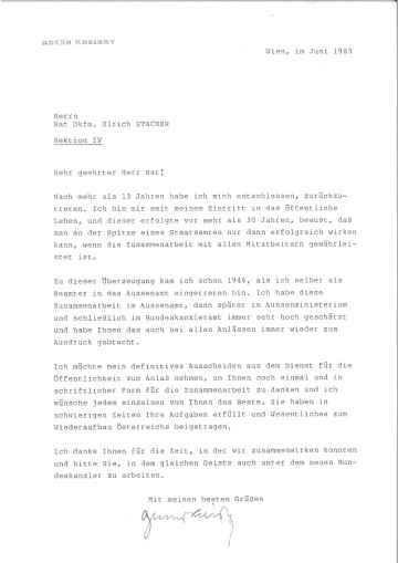 vergrößern Brief über Kreiskys Rücktritt undDank für Zusammenarbeit an Ulrich Stacher