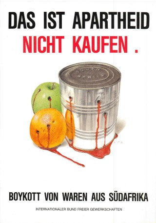 Plakat zum Boykott des Apartheid-Regimes